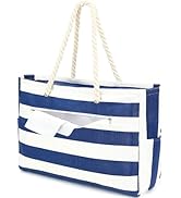 Fammart Large Canvas Beach Bag for Women, Beach Bags Waterproof Sandproof with Zipper & Wet Bag C...