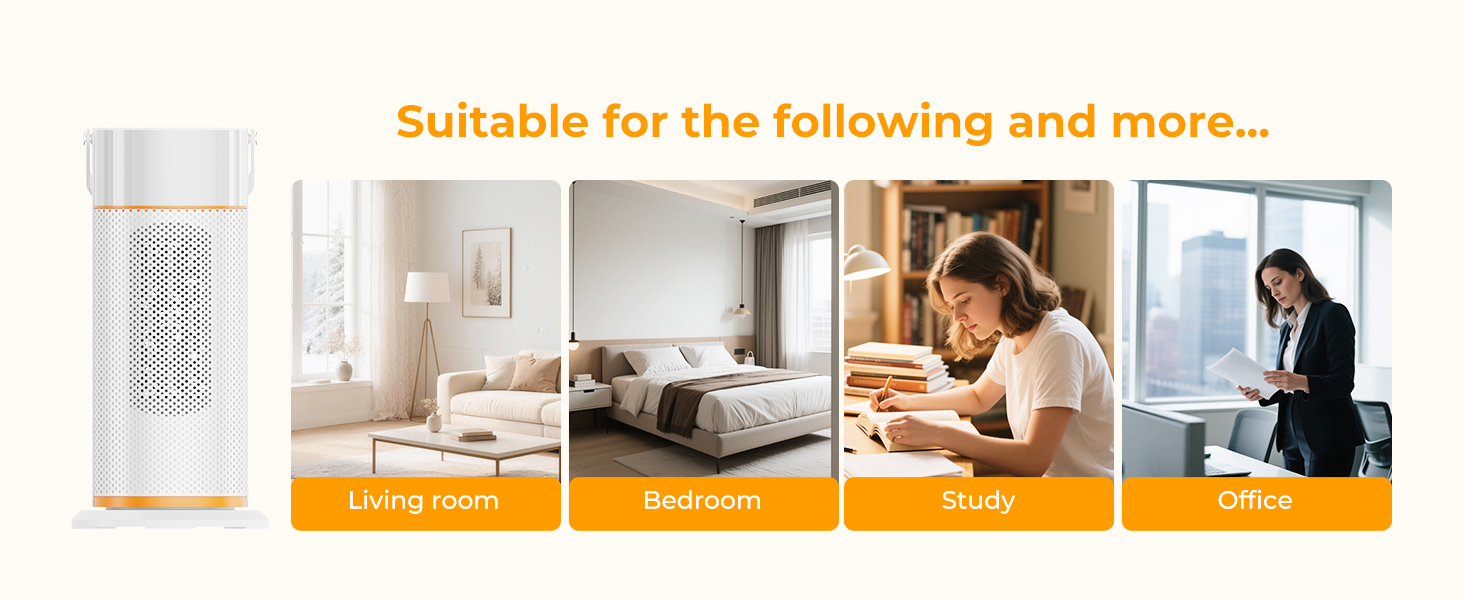 Text reads: 'Suitable for the following and more...' followed by icons showing living room, bedroom, study and office use cases with corresponding lifestyle images.