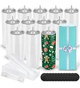 12 Pack Sublimation Tumblers 20 oz Bulk Skinny Straight Flat Bottom Blank Tumbler Cups with Indiv...