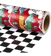 RUSPEPA Reversible Race Car Wrapping Paper Roll, Mini Roll, Red Sports Car and Black Checkered Fl...