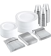 bUCLA 300PCS Silver Disposable Plastic Dinnerware Set - 50 Guests White Silver Disposable Plates ...
