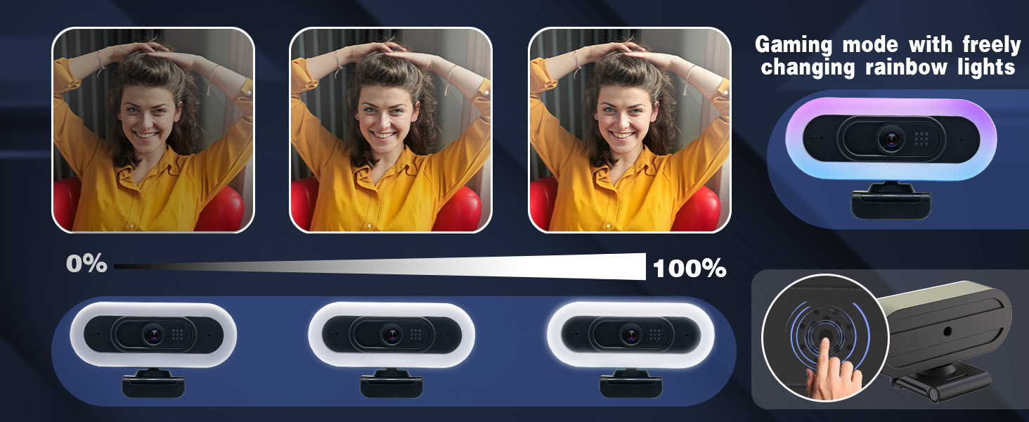 Touch-control RGB gaming webcam adjusts 0-100% lighting