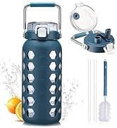 MUKOKO 64oz glass water bottles with Straw and Lid,half gallon water bottle with Time Marker,Larg...