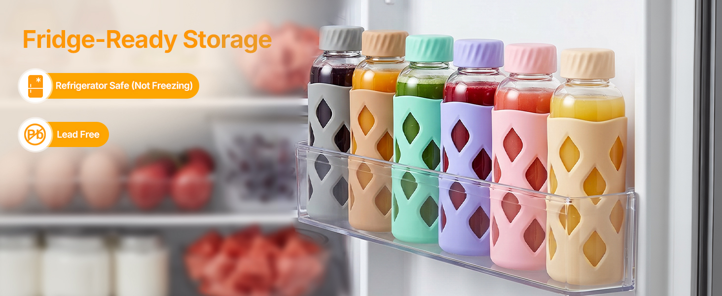 glass juice bottles with lids and straws 16oz, leak proof, bpa free