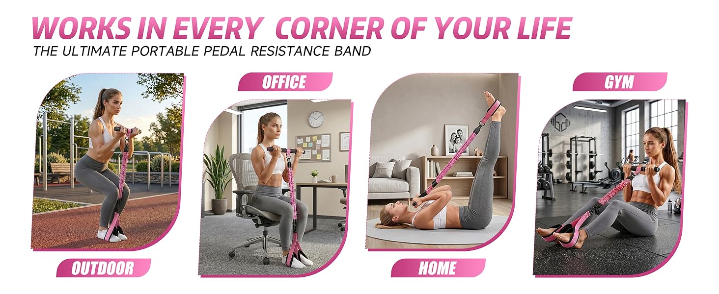 WORKS IN EVERY CORNER OF YOUR LIFE THE ULTIMATE PORTABLE PEDAL RESISTANCE BAND