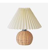 KUNJOULAM Pleated Table Lamp, Modern Bedside Nightstand Lamp with Beige Lampshade Rattan Metal Ba...