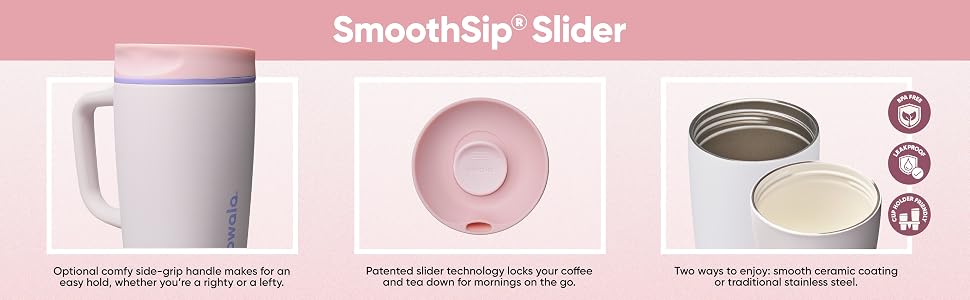 Image of Owala Smoothsip Slider features, handle, lock, ceramic