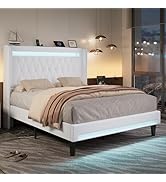 Allewie Upholstered Platform Bed Frame with LED Light and Charging Station, Button Tufted High He...