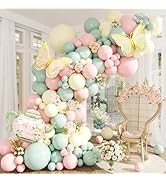 JOYFLOAT Tea Party Decorations Pastel Pink Balloon Garland Arch Kit with Teapot Butterfly Foil Ba...