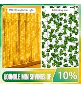 HXWEIYE 300LED 9.8x9.8 Ft Curtain Lights with Remote and 6 Pack Fake Vines for Bedroom, 8 Modes a...