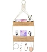 Mkono Macrame Hanging Shelf for Bedside Shelf Organizer with Hooks, Boho Wall Decor Cute Wood Flo...