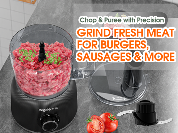 Text reads 'FOR BURGERS, SAUSAGES & MORE'. Sequential images showing meat grinder in use with ground meat and fresh ingredients.