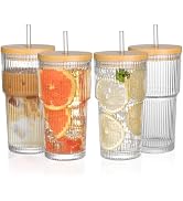 AUFXKOO 20oz Ribbed Glass Coffee Cups with Lids and Straw,4PCS Glass Cups with Lid and Straw, Vin...