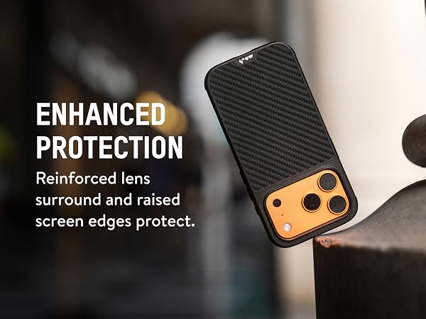 Text reads 'ENHANCED PROTECTION' and 'Reinforced lens'. Product shots of black textured phone case with gold/orange accents showing protective features.