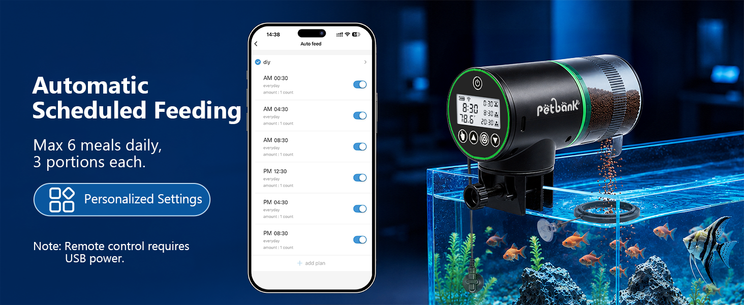Automatic Scheduled Feeding: Max 6 meals daily, 3 portions each.