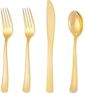 Joyido 300 Pieces Gold Plastic Silverware - Heavy Duty Disposable Cutlery Set - Gold Disposable U...