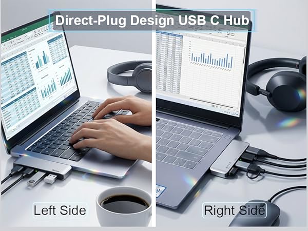 USB C to USB Hub 4 Ports, Direct-Plug Design, Cordless, Streamlined,Part of the laptop