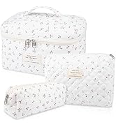 3PCS Large Travel Quilted Makeup Bag for Women,Big Floral Cotton Cosmetic Bag, Cute Coquette Aest...