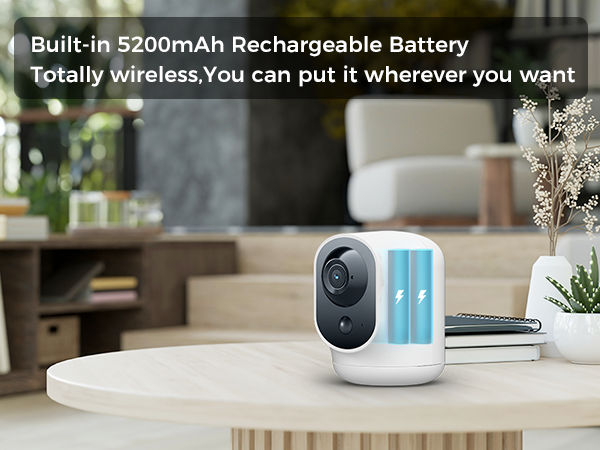 Wireless camera with 5200mAh rechargeable battery on white table. Text indicates it's totally wireless and can be placed anywhere.