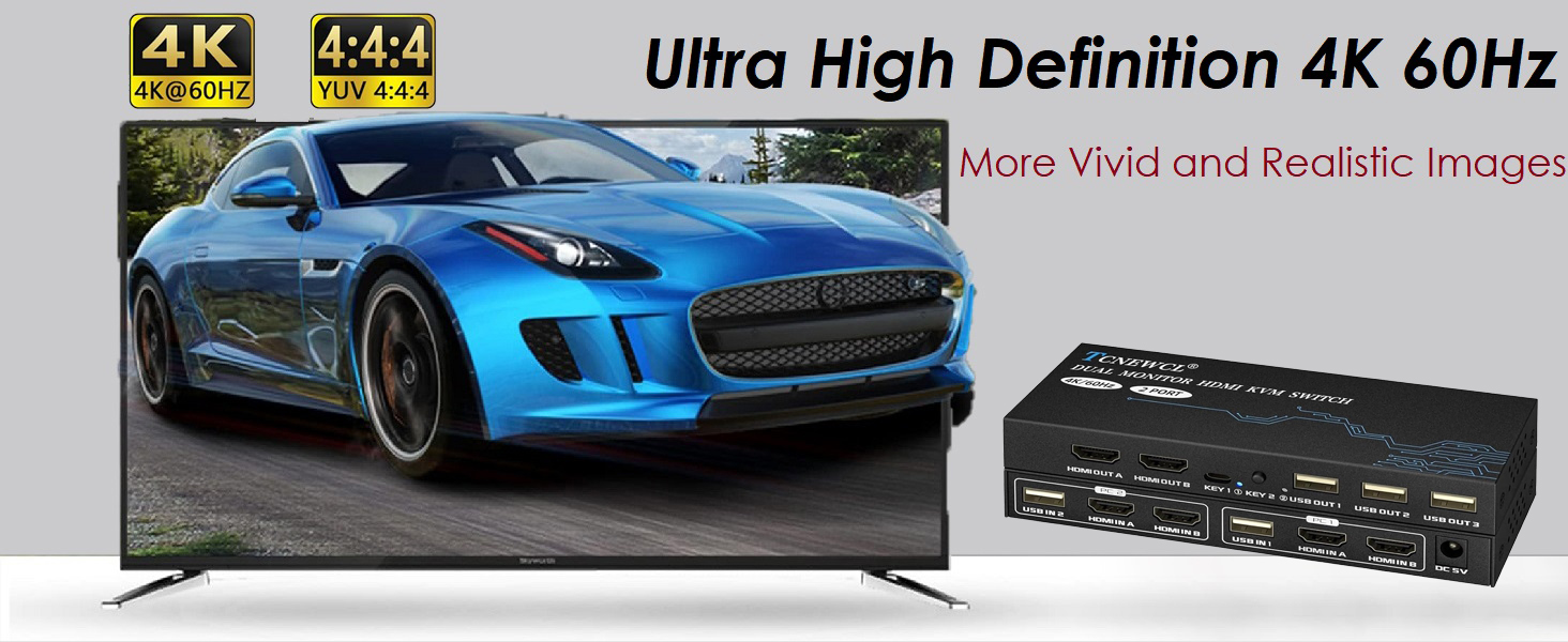 4K 60Hz TV displaying a blue sports car, alongside a small black device. Text highlights ultra-high definition and realistic image quality.