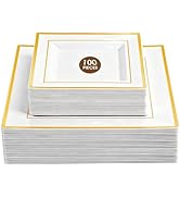 Pryntono 100 Pack Square Plastic Plates, Includes 50 Dinner Plates 9.5" and 50 Dessert Plates 6.5...