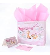 JAYTEM 13" Baby Gift Bag, Large Pink Baby Girl Gift Bag Adorable Animal Parade with Greeting Card...