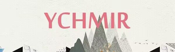 Text 'YCHMIR' in large pink letters against a white background with minimalist gray mountain silhouettes below.