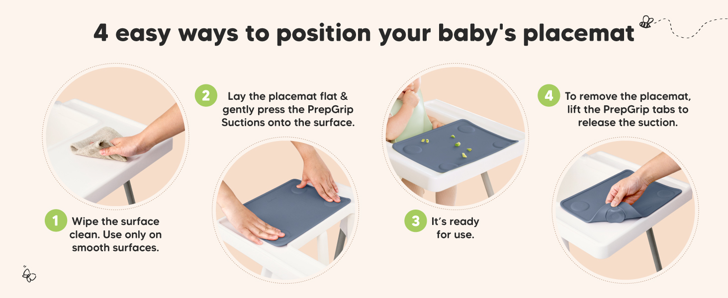 Four easy steps to place Prep silicone placemat with suction grip on baby high chair tray