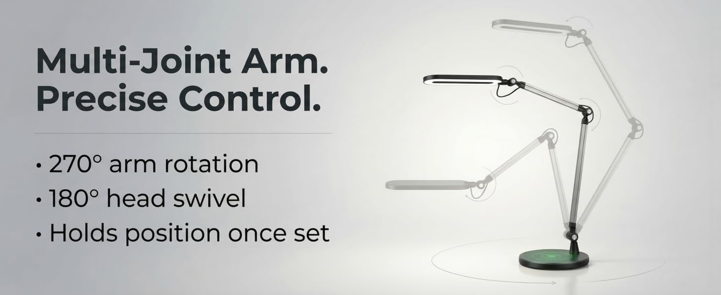 adjustable desk lamp with multi-joint arm showing 270 degree rotation and 180 degree head swivel