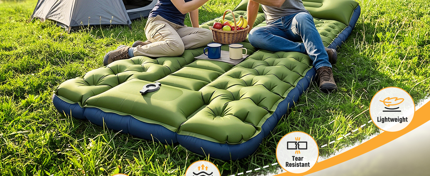 50D Nylon camping mattress, waterproof, tear-proof, puncture-resistant TPU coating, rocky terrain.