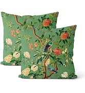 DAFENA Green Chinoiserie Pillow Covers 18x18 Inch 2 Pcs Vintage Floral Birds Decor Throw Pillows ...