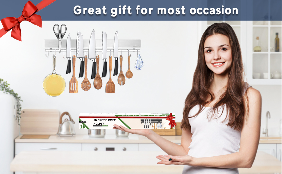 silver 17 inch magnetic knife holder with 10 hooks Silver