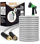 Unywarse Metal Garden Hose 75ft, Stainless Steel Heavy Duty Water Hose with 10 Function Nozzle Fl...