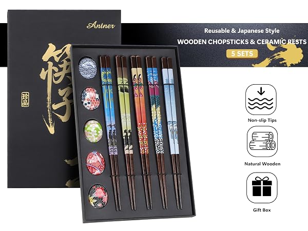 Reusable Wooden Chopsticks AND Ceramic Rests Set