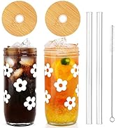 ANOTION Cute Glass Cups with Lids and Straws, Mason Jars with Flower Design, Bamboo Lid, Iced Cof...