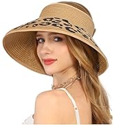 LA CARRIE Wide Brim UV Protection Sun Hats for Women with Leopard Trim Straw Roll Up Beach Visor ...