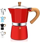 Red stovetop espresso maker with wooden handle and lid knob. Octagonal design with silver base. Smaller versions shown in silver, blue, black, and white.
