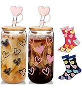 Valentine's Day Glass Cups with Socks, Valentines Day Gifts For Him/Her, 18 OZ Hearts Glass Cups ...