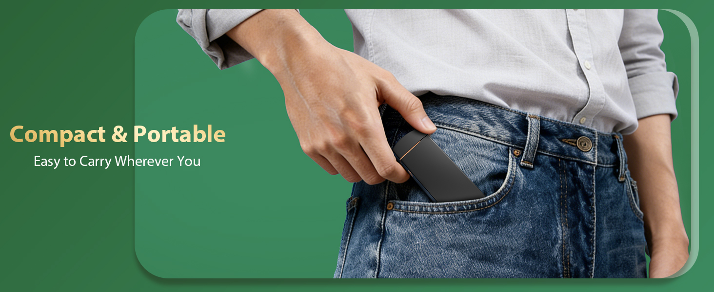 Text reads 'Compact & Portable' and 'Easy to Carry Wherever You'. Person's hand inserting dark compact device into jeans pocket on green background.
