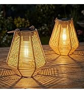 pearlstar Solar Lanterns Outdoor Waterproof 2Pack Rattan Woven Hanging/Table Solar Lights with Wa...