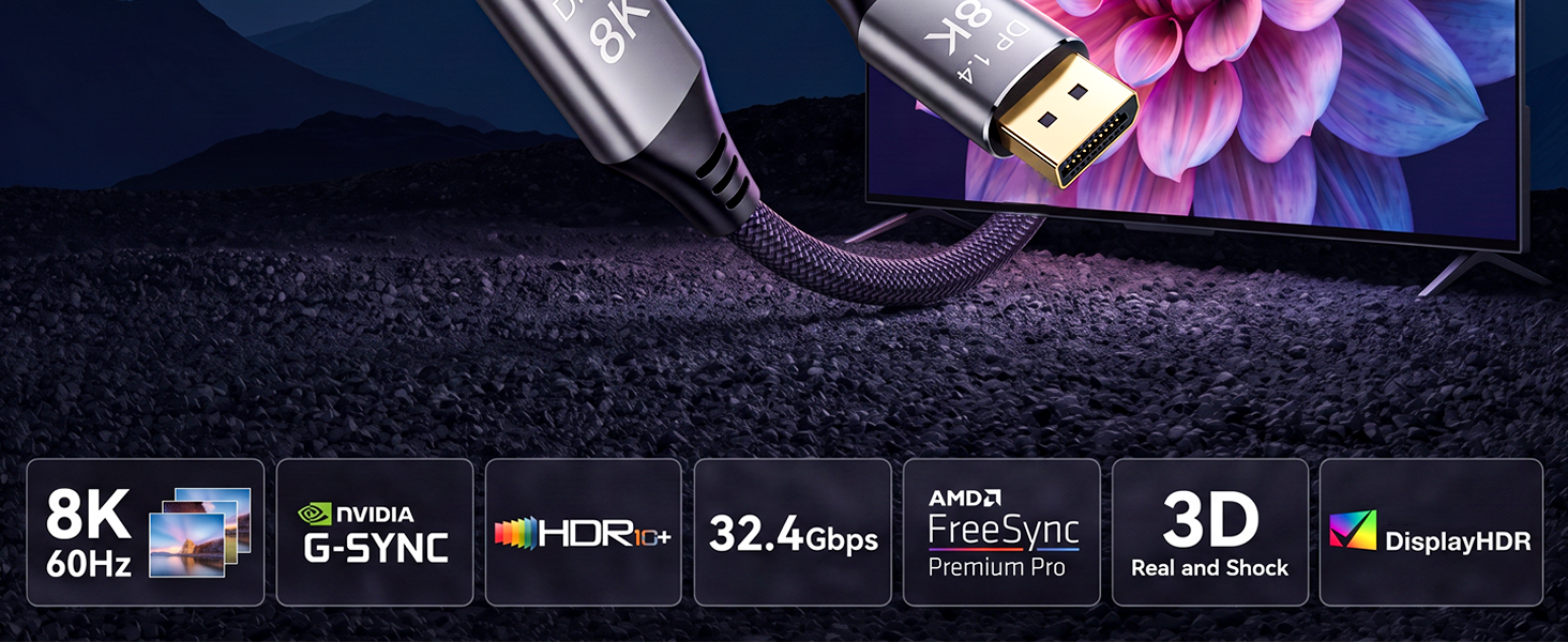 Text reads '8K', '60fps', 'G SYNC', 'HDR', '32.4ohm', 'Type-C', '3D', 'ZoomShift'. Cable with digital specifications overlay on dark background with purple digital effects.