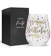 Your Dream Party Shop Happy Birthday 22oz Stemless Wine Glass, Happy Birthday Wine Glass with Gol...