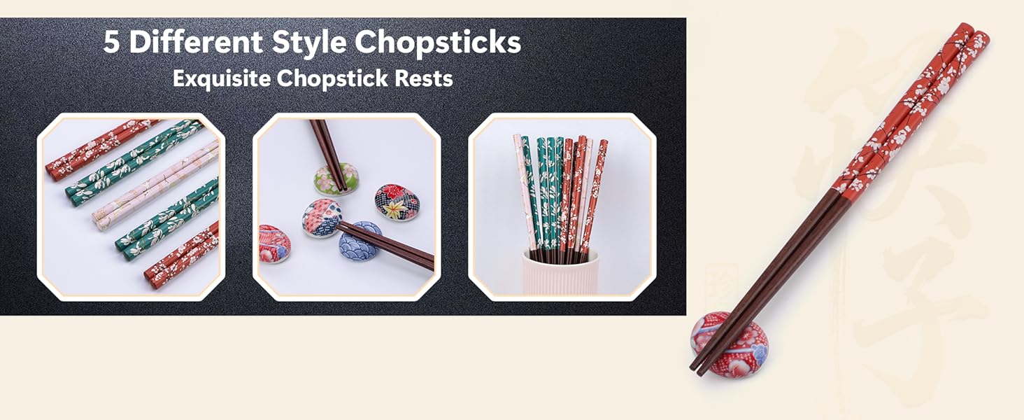 Reusable Wooden Chopsticks Set with Ceramic Chopstick Rests