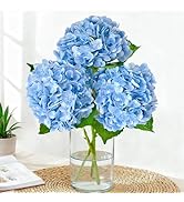 Cherica Real Touch Blue Hydrangea Artificial Flowers with Stems, Fake Silk Flowers for Outdoors, ...
