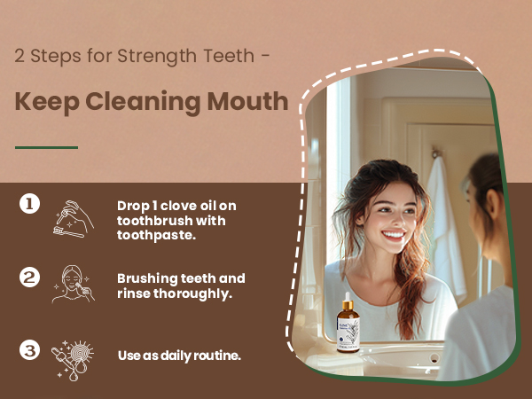 Text reads '2 Steps for Strength Teeth - Keep Cleaning Mouth' with instructional icons showing: 1. Drop 1 slice all on toothbrush with toothpaste 2. Brushing teeth and rinse thoroughly.