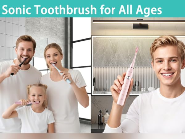 Text reads 'Family-Friendly Sonic Toothbrush for All Ages'. Three photographs showing people of different ages using white sonic toothbrush for dental hygiene.