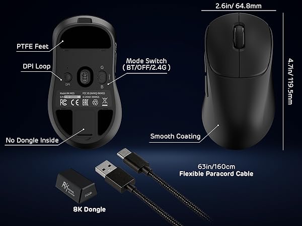 Technical product diagram of computer mouse showing specifications: 'DPI 1200', '2.4G Wireless', 'Smooth Design', '4.5/5.0m Range', 'No Design Issue', '1.5m USB Cable', 'Model Search LF-2023 (2.4G)'.