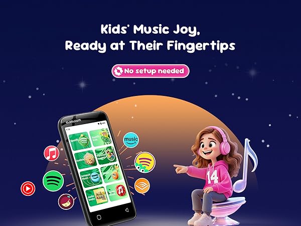 Kids using a simple MP3 player with music apps, easy for children to play instantly.