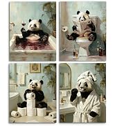 Frimeeme Funny Panda Bathroom Wall Art, 4 Piece Teal Animal Prints, Unframed, 8x10 Inch, Restroom...