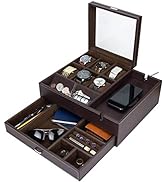 HOUNDSBAY Commander Dresser Valet Watch Box Case & Mens Jewelry Box Organizer with Smartphone Cha...